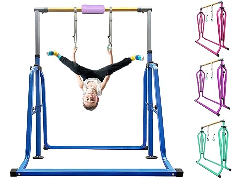 Foldable & Moveable Gymnastics Horizontal Bar with Rings,3’to 5’Adjustable Height Expandable Junior Kip Bar for Home,Indoor Gym Equipment for Kids - style: Foldable DarkBlue with Rings