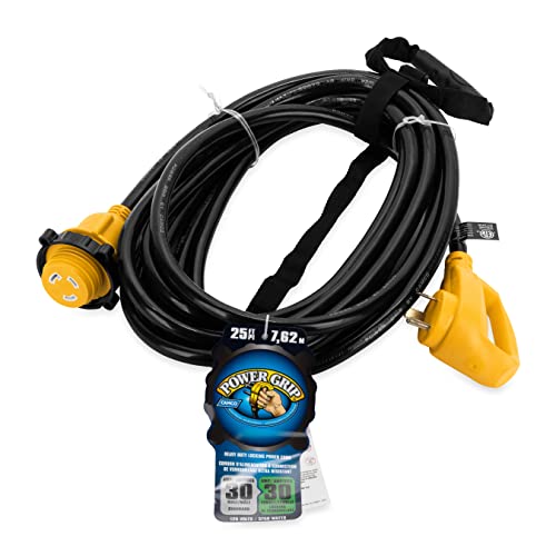 Camco Power Grip 25-Ft 30 Amp RV Extension Cord w/Locking End - Rated for 125V / 3,750W - Features Threaded Locking Ring for Weatherproof Connection & RV Power Cord 90° Head (55501) (Pack of 2) - size: 25-Foot (Pack of 2), style: Locking End