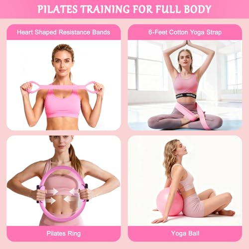 Home Pilates Kit for Women, Pilates Ring Set, Pilates Equipment Kit for Women Home Workouts, Pilates Essentials Kit with Pilates Ring and Ball, Resistance Bands for Strength, Toning, Flexibility - color: Pink-12 inch Ring
