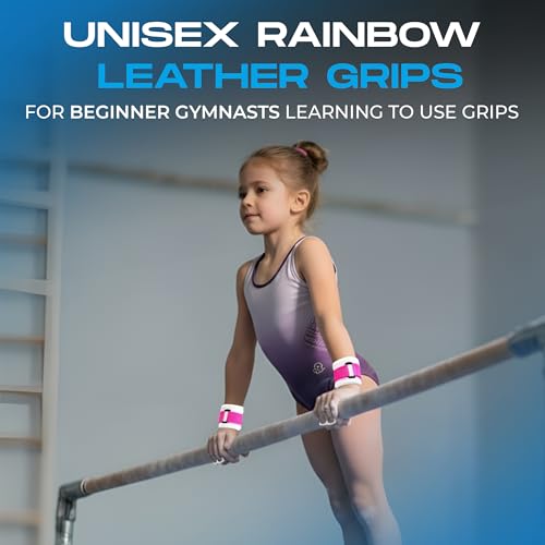 Gibson Athletic Rainbow Gymnastics Grips for Beginners, Unisex Durable Leather Grip, Hook & Loop Closure for Secure Grip & Wrist Support, Athletic Grip & Hand Protection for Young Gymnasts Made in USA - color: Blue, style: Large