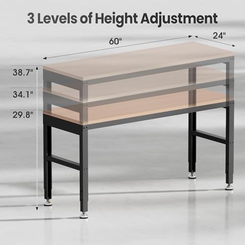 Antifir 60” Adjustable Workbench，Heavy Duty Wood Work Bench 2000 Lbs Load Capacity,Work Table for Garage, Workshop, Office, Home - size: 60x24" No Socket