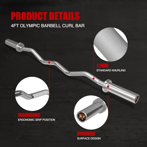 SPART Olympic Barbell EZ Curl Bar, 47INCH/4FT Strength Training Curling Bar with Knurled Grip Chrome Barbell Bar for Weightlifting, Copper Sleeve Barbell for 2-inch Weight Plates, 500 LBS Capacity - color: Chromed