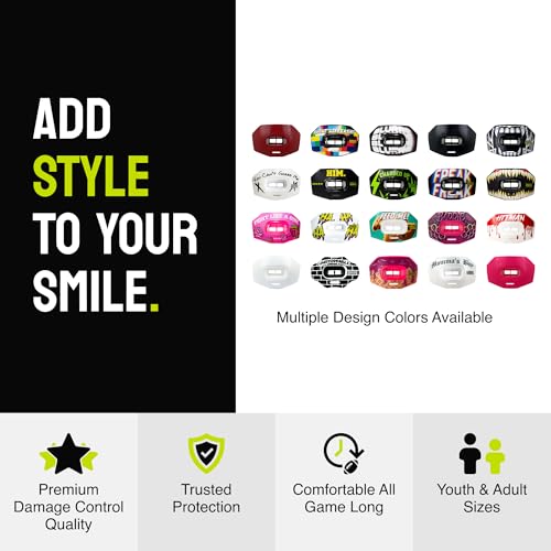 DAMAGE CONTROL Youth Football Mouth Guard – Breathable No Boil Mouthpiece, Protects Lips & Teeth, Works with Braces, Includes Helmet Strap – Sports Gear & Accessories (Red) - color: Red