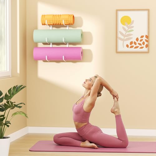 Yoga Mat Holder Wall Mount, 3-Tier Storage Rack for Yoga Mat, Foam Roller, Block, Yoga Accessories, Wall Organizer for Home Gym, Gym, Workout Room, Metal, White - color: White