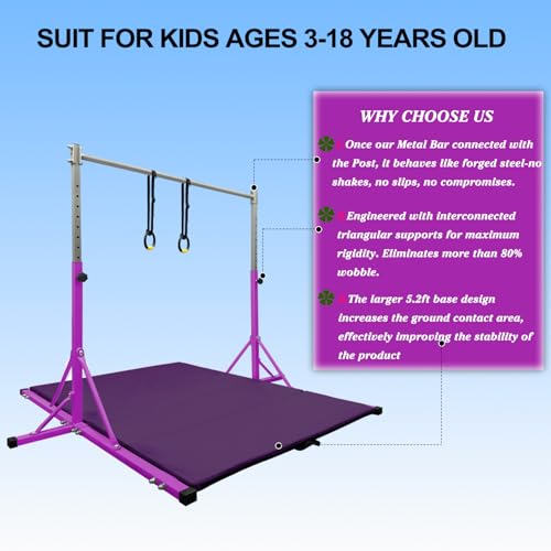 Gymnastics Bar for Kids Girls Ages 3-15 with Ring for Home Indoor Training Equipment- Steady Steel Construction, Anti-Slip, Easy to Assemble, 3' to 5' Adjustable Height - color: PURPLE, size: 4.8FT, style: FOLDABLE BAR WITH MAT&RING