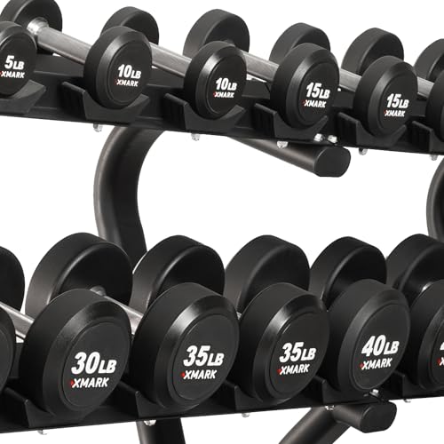 XMARK Dumbbell Weights Sets, 5-50lb and 5-75lb Dumbbell Sets, No Odor, Urethane Dumbbells, Commercial Gym and Home Gym Equipment - color: 06) 5-75lb Round & Modern Rack