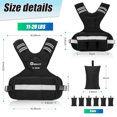 NEALFIT Weighted Vest for Women and Men, 5-10lb/11-20lb/18-30lb Adjustable Weighted Vest with Reflective Strip, Body Weight Vest for Walking, Running, Fitness, Strength Training - size: 11-20 lbs