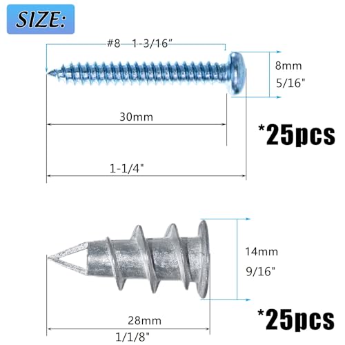 Metal No Pre-Drill Self Drilling Wall Anchors and Screws for Drywall | 25 Hollow Drywall Anchors and 25 #8 1-1/4'' Screw, for Drywall, Plaster, Sheetrock Hanging and Mounting Holds Upto 75lbs