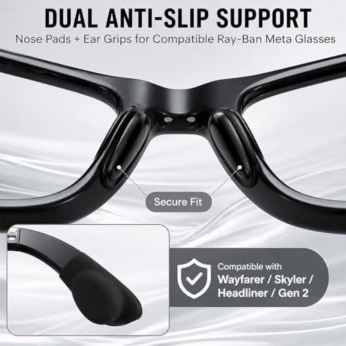 Compatible with Ray-Ban Meta Wayfarer Eyeglass Nose Pad, 8 Pairs Soft Silicone Anti Slip Replacement Nose Pads - color: Black-1 Pair Ear Grip + 8 Pair Nose Pads
