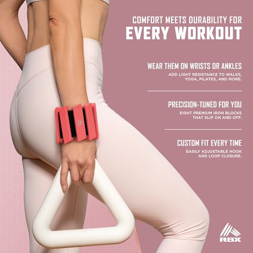 RBX Adjustable Ankle & Wrist Weights, Customizable for Pilates, Yoga, Walking, Barre, Home Workouts & Strength Training - color: Coral