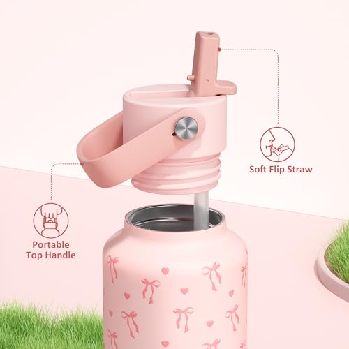 POWCAN 24 oz Insulated Water Bottle: Leakproof, Cup Holder Friendly, Cold for 24H, BPA-free, Top Handle, Double Walled Metal Water Bottle for Student, Girl, School, Camping, Daily (Sweetheart Bow) - color: Sweetheart Bow, size: 24 Ounces