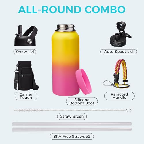 Stainless Steel Water Bottles 32oz - Cold-48h Hot-24h Insulated Water Bottle with Straw & Auto Spout Lid, Carrier Bag & Protective Cup Mat, Metal Thermo Flask Reusable Gym Waterbottle Jug Leak Proof - color: Candy, size: 32 Ounces