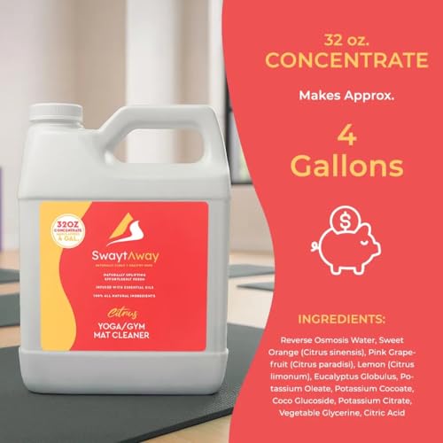 SwaytAway Fitness Mat Cleaner Concentrate Citrus, 32oz Makes 4 Gallons | No-Slip No-Residue Essential Oil Formula, USA Made Aromatherapy Yoga Mat Spray for Home & Studio, Natural Cleaning Solution - size: 32 oz - 1 Pack