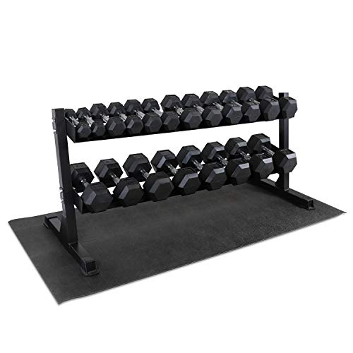 WF Athletic Supply Rubber Coated Hex Dumbbell Set, Multiple Choices Available - Dumbbells with Rack Stand and Mat, or Dumbbells Only (200/550/1200/2100/3000 LB) - color: d. 5 - 50LB w/ 2-tier Rack and Mat