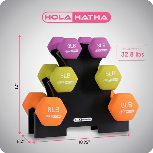 HolaHatha 1, 2 and 3 lb Neoprene Dumbbell Strength Training Weight Set with Rack - color: Multicolor, size: 32 LB