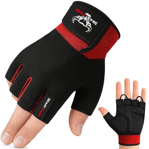 BEAST RAGE Workout Gloves for Men, Durable Palm Grip Gym Gloves Women Half Finger Elasticated Training Weight Lifting Strength Bodybuilding Anti Slip Cycling Gloves Exercise - color: Red, size: Medium