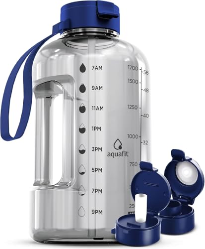 AQUAFIT Half Gallon Water Bottle with Time Marker | BPA Free Half Gallon Water Bottle with Straw and Chug Lids - Leakproof Gym Water Bottle with Carry Handle (Clarity) - color: Clarity, size: 64 Ounces
