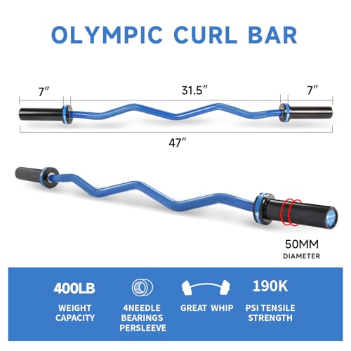 Olympic EZ Curl Barbell Bar, 400LBS Weight Capacity Olympic Curl Bar, 4ft Barbell Weight Bar with Knurled Grip for 2 Inch Weight Plates, Hip Thrusts,Squat,Biceps-Home Gym Weight Bar - color: Blue
