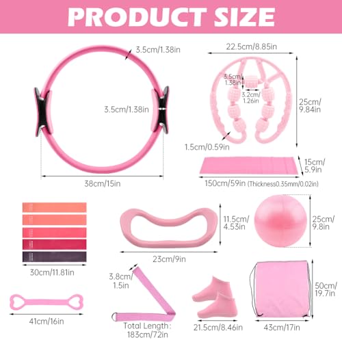 Pilates Essentials Kit for Women, 14 Pcs Home Workout Equipment with Pilates Circle Ball Ring Set Resistance Bands and Anti Slip Sock, Yoga Pilate Essentials Accessories - color: Pink