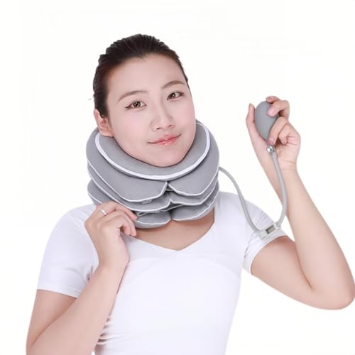 Neck Stretcher with Neck Brace,Adjustable Cervical Traction Device,Inflatable Cervical Traction Device for Neck,Portable and Compressible,Suitable for Office,Travel and Home Use - color: Grey