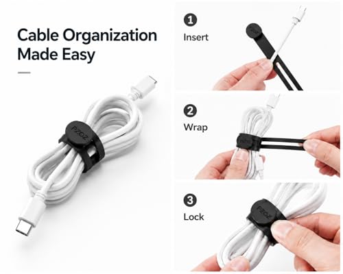 PZOZ Silicone Cable Ties 10 Pack, Reusable Cable Organizer Straps for Cords | Soft Silicone Design with Reusable Strap, Organize Charging Cables, Headphones & Power Cords for a Clean Workspace - color: Black