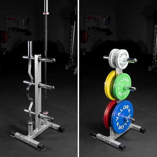 Valor Fitness Weight Plate Rack with Barbell Holders – Heavy-Duty Steel Storage Tree with 6 Pegs and 2 Vertical Bar Sleeves for Standard and Olympic Plates – 800 lb Capacity for Home & Garage Gyms - color: B: BH-9 Olympic Plate Storage Tree