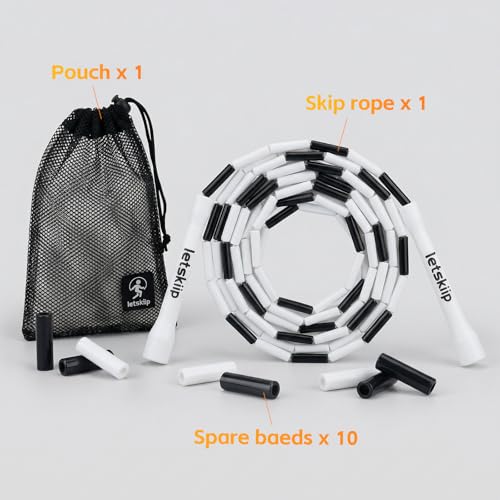 Classic Beaded Jump Rope, Adjustable Tangle-Free Set | 4 styles, segmented skipping rope with shatterproof PP beads, for indoor/outdoor fitness, kids & adults, 10 spare beads & bag - color: White/Black