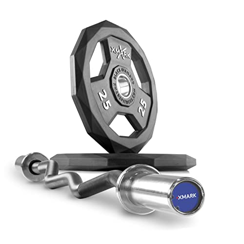 XMark Olympic Bar Curl Bar with Weights Offer, Olympic Weights Pair or Set of BLACK DIAMOND Olympic Weight Plates, Premium Quality, Rubber Coated with EZ Curl Bar, Black Manganese 25mm XM-3670.1 - color: 01) BAR and Pair of 25 lb