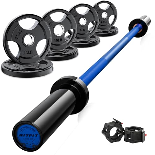 RitFit Barbell Weight Set - 4/6FT Olympic Barbell with Weight Plates (55-115LB Total) - Weightlifting Equipment for Squats, Curls, Deadlifts, Presses, Hip Thrusts - color: Black/Blue, size: 4FT With 85LB Plates