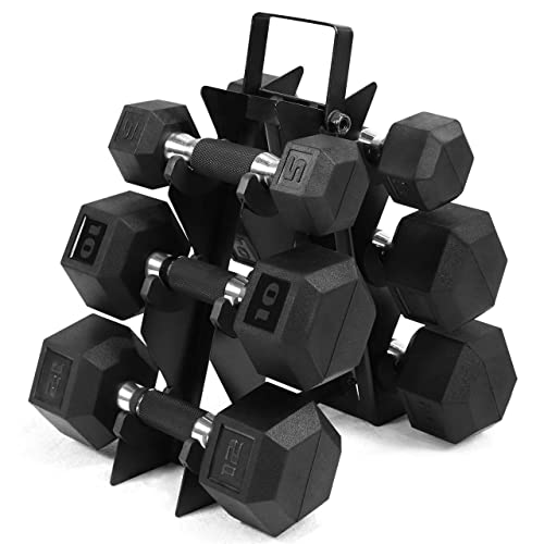 WF Athletic Supply Rubber Encased Hex Dumbbells with Rubber Grip Contoured Handle for Muscle Toning, Strength Building & Full Body Workout - color: n. 5LB, 10LB and 12LB Pair w/ 3-Tier Rack