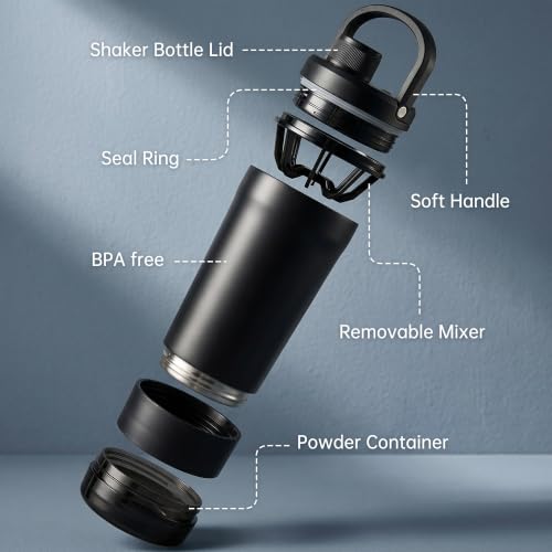 Fijinhom 24 oz Insulated Shaker Bottle with Portable Powder Container. | Leak-Proof Protein Shaker Bottle, 304 Stainless Steel Insulated Water Bottle with Removable Mixer, Measurement Marks, Black - color: Black