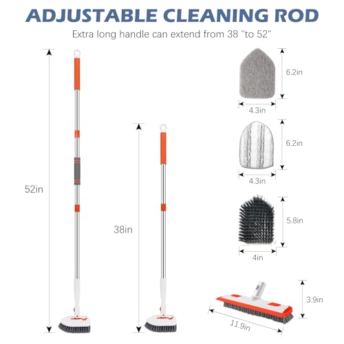 SetSail 4-in-1 Tile Tub Floor Scrubber with 52-inch Adjustable Long Handle Shower Cleaner Brush Comes with Floor Scrub Brush and 3 Replacement Brush Heads for Cleaning Bathroom Tub Tile, Orange - color: Orange, size: 2 Pads + Floor Brush