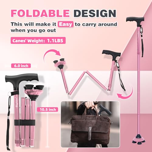 BigAlex Folding Walking Cane for Elderly Adjustable & Portable Walking Stick for Seniors,Pivoting Quad Base,Lightweight,Collapsible with Carrying Bag for Men/Woman - color: Pink(4'9"-5'6")