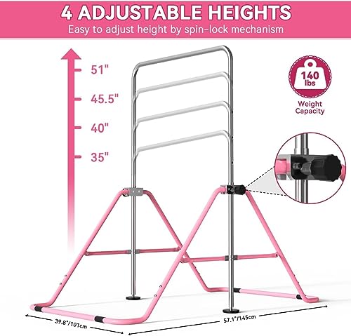 FBSPORT Gymnastics Bar for Kids Adjustable Height Gymnastic Horizontal Bar | Adjustable height, Supports up to 140 lbs, Junior Training Bar Children Folding Training Monkey Bars for Home Using - color: Pink