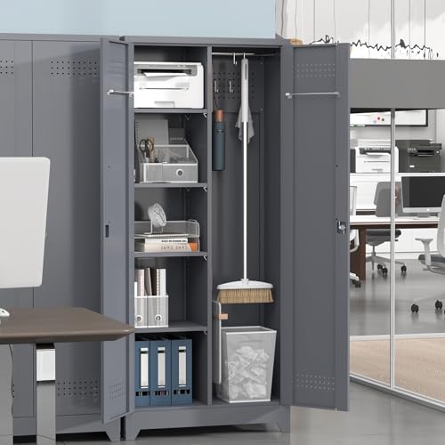 IRONFFICE Metal Garage Storage Cabinets,Metal Broom Closet Storage Cabinet,Utility Cabinets for Brooms and Mops,Steel Tall Cabinet with Shelves for Laundry Room,Bathroom,Home,Grey - size: 72"H x 31.5"W x 15.74"D-Grey