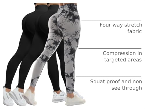 CHRLEISURE Workout Leggings Sets for Women, Gym Scrunch Butt Butt Lifting Seamless Leggings 3 Piece - color: 3 Packs - Black/Black/Tie Dye Black, size: Medium