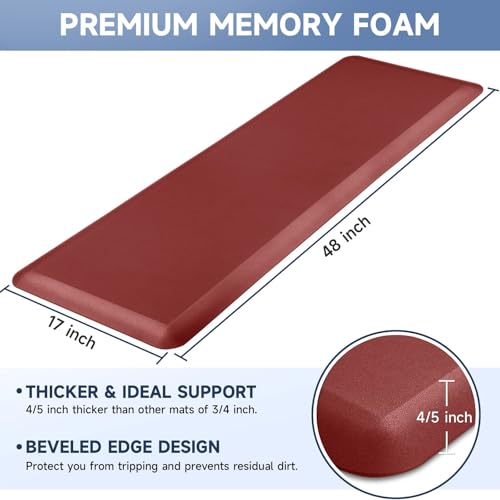 StepRite 4/5 Inch Thick Kitchen Mat Anti Fatigue Mat Kitchen Rugs Kitchen Decor Non-Slip, Stain & Water Resistant, Kitchen Mats Desk Mat for Kitchen, Office, Workshop, Red, 17'' x 47'' - color: Red, size: 48"L x 17"W x 0.8"Th