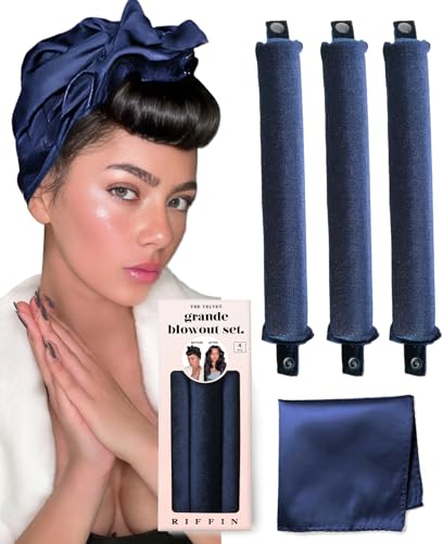 Grande Heatless Curls Overnight Rods No Heat Hair Curlers to Sleep in, Jumbo Foam Large Hair Rollers for Long Hair Blowout Look, Heatless Flexible Curling Rod Set with Satin Wrap for Sleeping - color: Midnight Blue