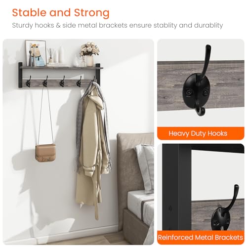 Homode Wall Hooks With Shelf, 24 Inch Coat Rack Wall Mount for Entryway, Clothes, Backpack, Key, Purse - Floating Shelf Hanging in Bathroom, Bedroom, Hallway, Rustic Grey - color: Rustic Grey, size: 24 Inch Long
