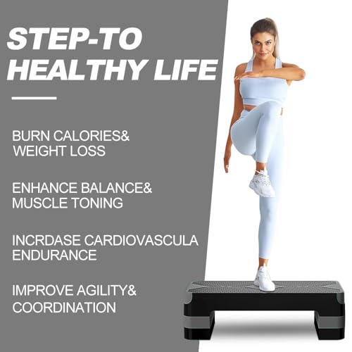 GYMMAGE Aerobic Exercise Step, Adjustable Height, | Aerobic Workout Step Platform for Exercise, 26.5" Step Deck with Adjustable Height, Women Home Gym Cardio Fitness - color: Gray