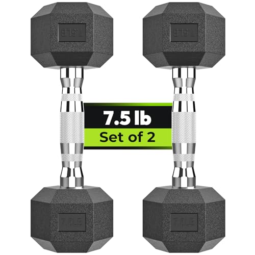 HANDBODE Hex Dumbbell Set of 2, Rubber Encased Fixed Dumbbells, 2.5-65 lb | Non-Slip Comfortable Handles, Hand Weights for Strength Training, Ideal for Home Gym Workouts - size: 7.5 Lb, Pair, style: Chrome Handle