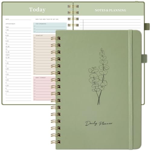 Oucaru Undated Daily Planner, A5 Spiral Notebook with Hourly Schedule, To Do List, Priorities, and Notes for Productivity - Easily Organize Your Tasks, Appointments & Goals for Women - size: A5-Green, style: Daily Planner