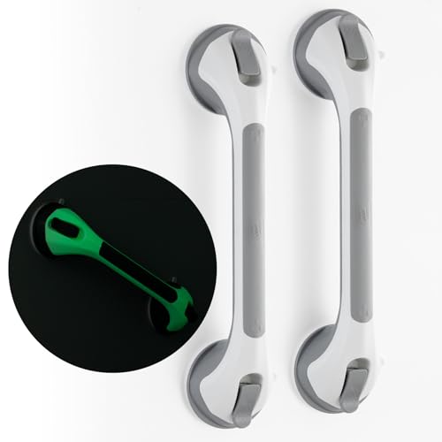 TAILI Shower Grab Bar Glow in The Dark, 2 Pack 16.8 in Grab Bars for Bathtubs and Showers,Shower Handles Rails for Seniors and Elderly,Bathroom Safety Grip Removable No Drilling Waterproof Grey,G9 - color: Grey& Glow Green, size: 16.8"