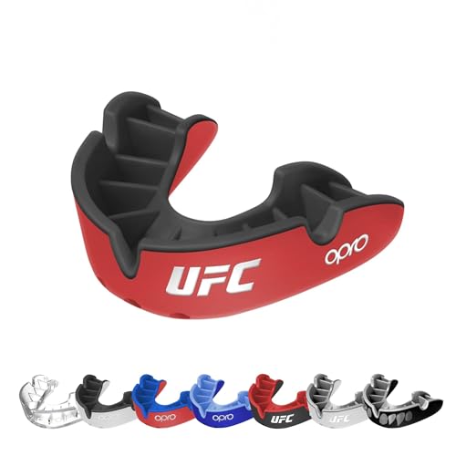 OPRO Silver Level UFC Moldable Mouth Guard Essential Fit (Red/Black) Adult & Kids Boxing Mouthguard for MMA & Impact Sports, Self-Fit Mouth Guard for Sports, Football, Hockey - Includes Case - color: Ufc - Red/Black, size: Adult (Age 10+)