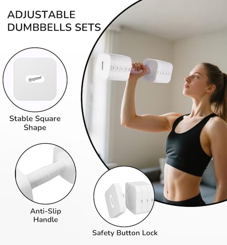 5-in-1 Adjustable Dumbbell Set for Women Men 10 lb Each | Dumbbells Set of 2, Free Weight Set at Home Gym, Locking/TPU Soft Handle for Exercise & Muscle Toning Weight Loss - color: White