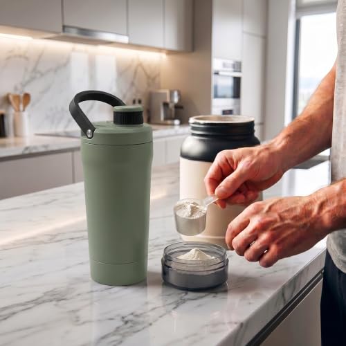 Fijinhom 24 oz Insulated Shaker Bottle with Portable Powder Container. | Leak-Proof Protein Shaker Bottle, 304 Stainless Steel Insulated Water Bottle with Removable Mixer, Measurement Marks, Green - color: Green