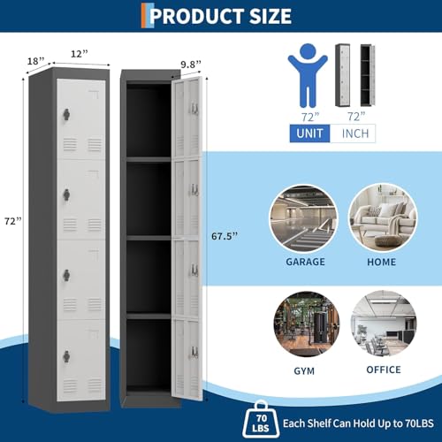 72" Tall 4 Door Metal Locker with Key, Heavy Duty Steel Storage Cabinet with Shelves, Lockable Employee Locker for School, Office, Gym, Home, Garage, Grey & Black - size: 4 Door