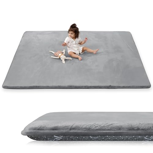 1.5" Super Thick Baby Play Mat for Floor, 79x118 Pro Soft Flannel Foam Mats for Toddler Infant Kids Crawling for Nursery Rug Playroom Living Room Waterproof Easy Care Non-Slip (Dark Grey) - color: Dark Grey, size: 79"x118"x1.5"