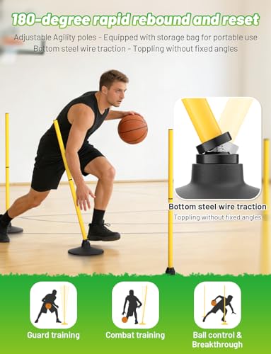 GHB Agility Poles 4 Pack 50" Sports Soccer Training Poles | Detachable Speed Training Equipment Football Accessories with Rubber Base - size: C.Rubber Base+Rebound Spring