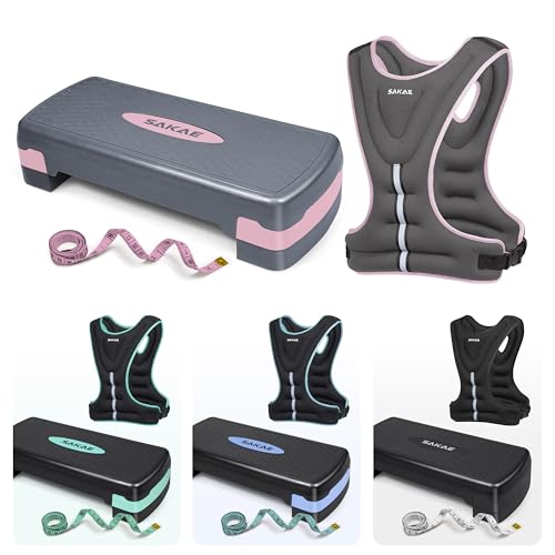 SAKAE Aerobics Step Platform Set with Weighted Vest & Measuring Tape, Adjustable Height 2 Level Risers Workout Step Trainer with Non-Slip Surface, Step Platform for Home Exercise, Multiple Colors - color: Pink